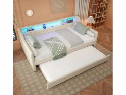 ModernLuxe Sofá cama 90 x 200 cm - con iluminación LED - con cama nido - con USB - lino - con somier de láminas - ​​​ Beige Clearance