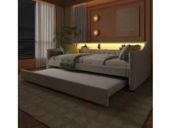 ModernLuxe Sofá cama 90 x 200 cm - con iluminación LED - con cama nido - con USB - lino - con somier de láminas - ​​​ Beige Clearance