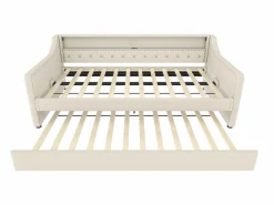ModernLuxe Sofá cama 90 x 200 cm - con iluminación LED - con cama nido - con USB - lino - con somier de láminas - ​​​ Beige Clearance