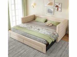 ModernLuxe Sofá cama acolchado 90×190 cm - con 2 cajones - con somier de láminas - (colchón no incluido) Beige New