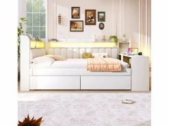 Sofá cama acolchado 140x200 cm - con puertos USB y LED - con escritorio y 2 cajones - (sin colchón)^ModernLuxe Clearance