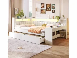 Sofá cama acolchado 140x200 cm - con puertos USB y LED - con escritorio y 2 cajones - (sin colchón)^ModernLuxe Clearance