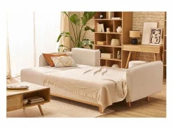 Miliboo Sofá cama chaise longue reversible 3-4 plazas de tejido efecto aterciopelado texturizado y madera clara ROMANE Beige Clearance