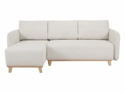 Miliboo Sofá cama chaise longue reversible 3-4 plazas de tejido efecto aterciopelado texturizado y madera clara ROMANE Beige Clearance