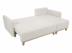Miliboo Sofá cama chaise longue reversible 3-4 plazas de tejido efecto aterciopelado texturizado y madera clara ROMANE Beige Clearance
