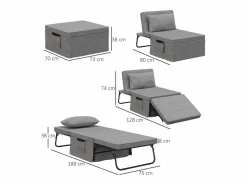 Sofá cama convertible 4 en 1, colchón de 8 cm, ajustable en 5 posiciones, acero, (188x75x38cm) Gris Clearance