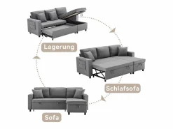 Hauss Spole Sofá cama de 3 plazas en L con función de dormir - Chaise longue con almacenaje - Lino oscuro Gris
