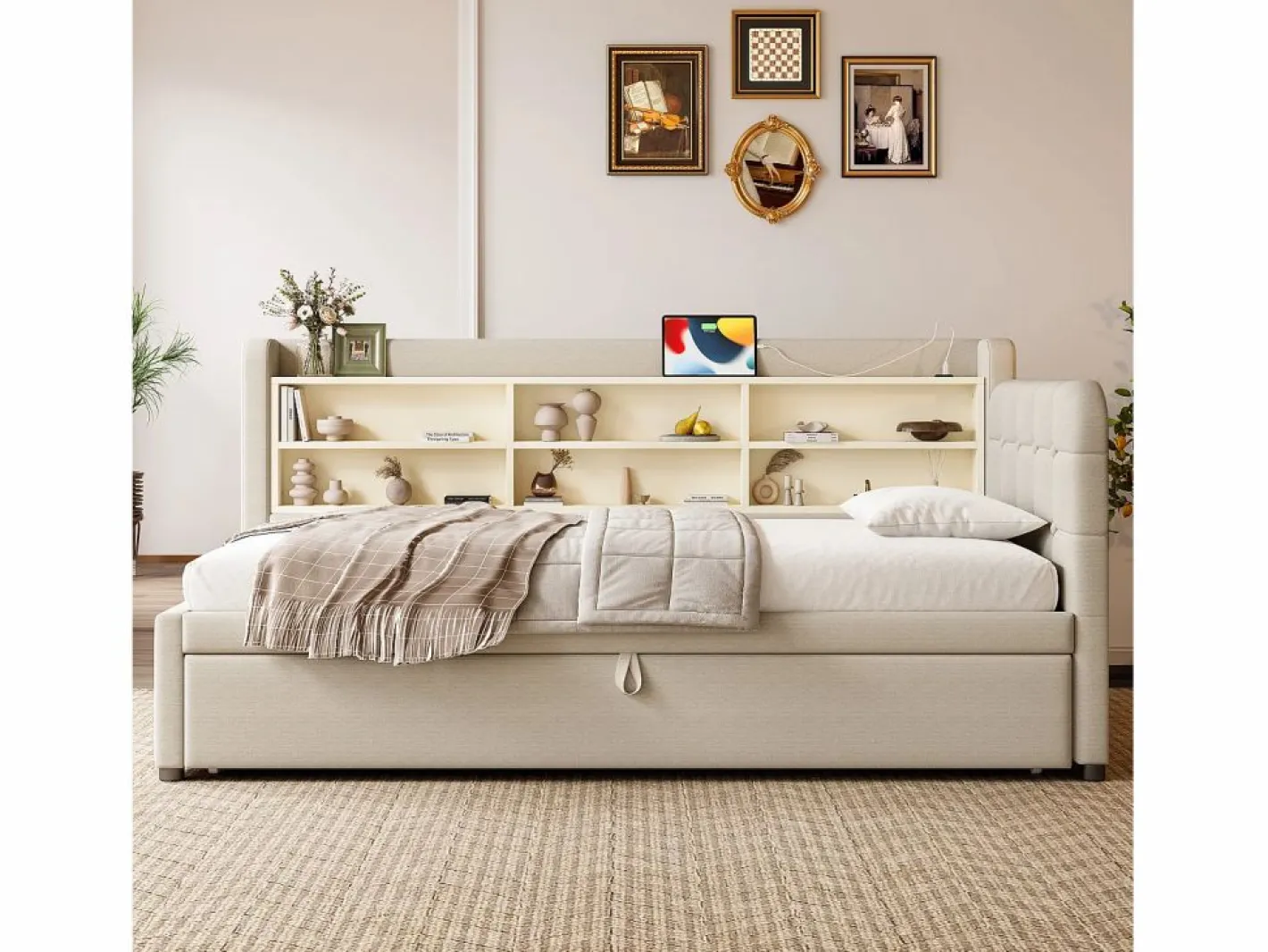 OKWISH Cama Diván|Sofá cama de 90/180 x 200 cm, color lino, extraíble con espacio de almacenaje y puerto USB (sin colchón)