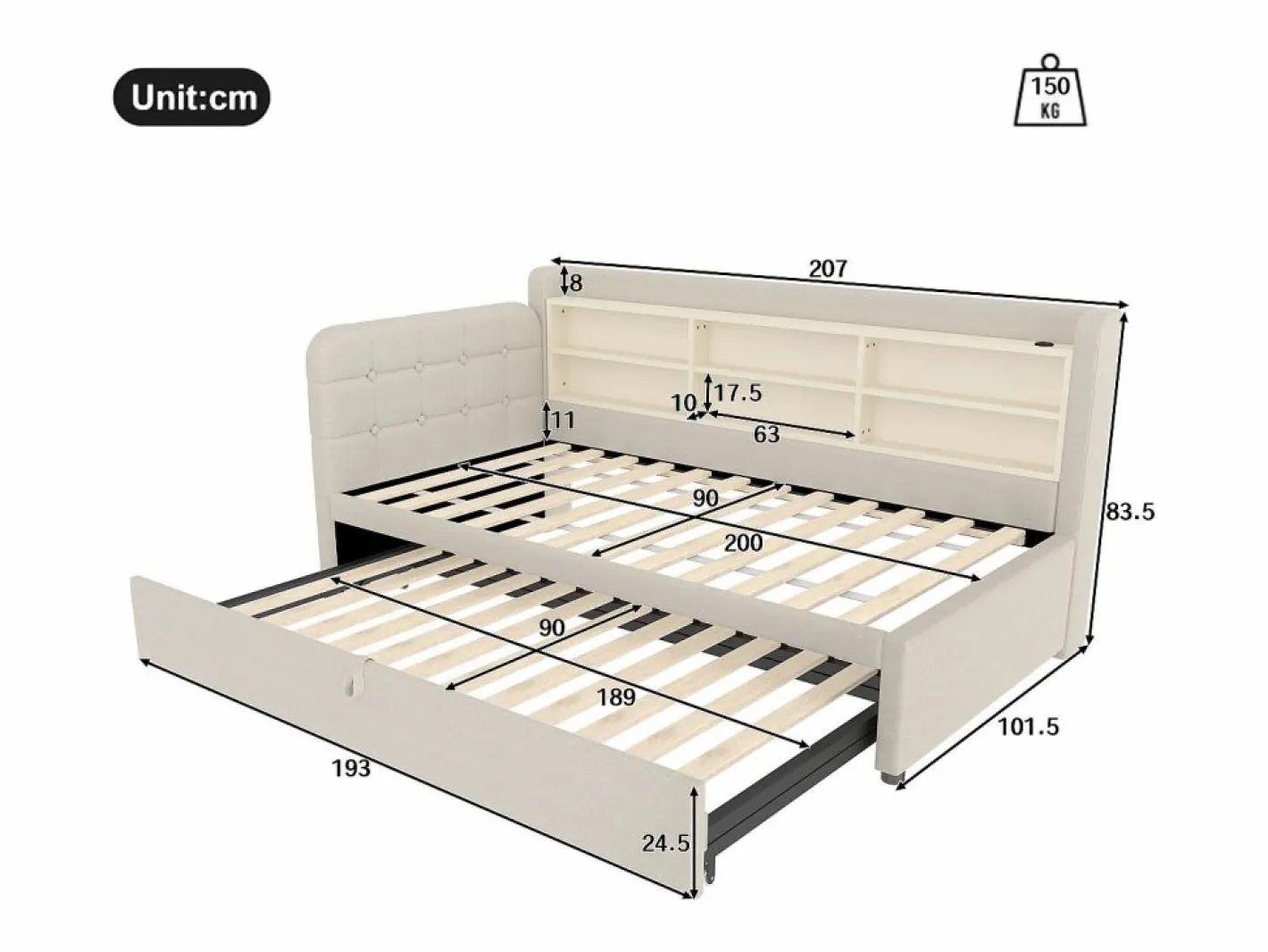 OKWISH Cama Diván|Sofá cama de 90/180 x 200 cm, color lino, extraíble con espacio de almacenaje y puerto USB (sin colchón)