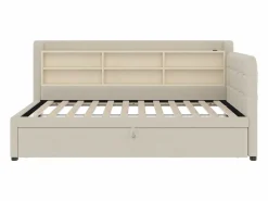 OKWISH Cama Diván|Sofá cama de 90/180 x 200 cm, color lino, extraíble con espacio de almacenaje y puerto USB (sin colchón)