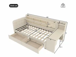 Sofá cama de 90 x 200 cm, lino , cama para adulto con escritorio, 2 cajones y puerto USB (sin colchón)^OKWISH