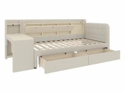 Sofá cama de 90 x 200 cm, lino , cama para adulto con escritorio, 2 cajones y puerto USB (sin colchón)^OKWISH