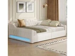 Sofá cama de 140 x 200 cm, lino , canapé con tira de luz LED y somier (colchón no incluido)^OKWISH