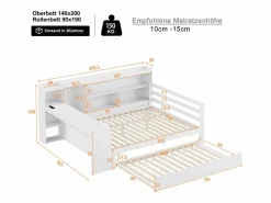 ModernLuxe Sofá cama de madera maciza 140x200 cm - con escritorio + librería - compartimentos de almacenamiento + estantes - con enchufes - con cama nido - blanco Marru00f3n New