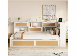 ModernLuxe Sofá cama de madera maciza 90×200 cm - con 2 cajones - múltiples almacenamientos - con puerto de carga - (sin colchón) Blanco Hot