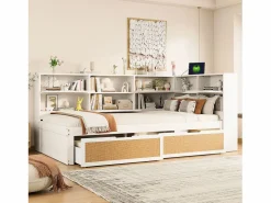 ModernLuxe Sofá cama de madera maciza 90×200 cm - con 2 cajones - múltiples almacenamientos - con puerto de carga - (sin colchón) Blanco Hot