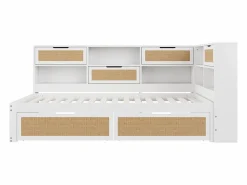 ModernLuxe Sofá cama de madera maciza 90×200 cm - con 2 cajones - múltiples almacenamientos - con puerto de carga - (sin colchón) Blanco Hot