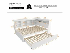 Hauss Spole Sofá cama doble 140x200cm y cama nido 90x190cm con puerto USB y múltiples espacios de almacenaje, sin colchón Blanco
