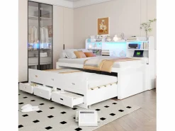 Sofá cama extraíble - 90 x 200 cm + 90 x 190 cm - con LED + 3 cajones + mesita de noche + USB + Tipo C - aglomerado + MDF -^Merax