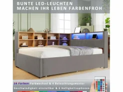 Merax Cama Diván|Cama Con Almacenaje|Sofá cama extraíble tapizado - 140 x 200 cm + 90 x 190 cm - LED y enchufes - con almacenaje - Tejido de franela - claro
