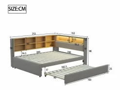 Merax Cama Diván|Cama Con Almacenaje|Sofá cama extraíble tapizado - 140 x 200 cm + 90 x 190 cm - LED y enchufes - con almacenaje - Tejido de franela - claro