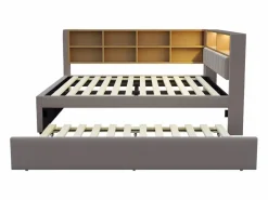 Merax Cama Diván|Cama Con Almacenaje|Sofá cama extraíble tapizado - 140 x 200 cm + 90 x 190 cm - LED y enchufes - con almacenaje - Tejido de franela - claro