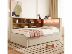 Merax Cama Diván|Sofá cama extraíble tapizado - 90 x 200 cm + 90 x 190 cm - LED y enchufes - con almacenaje - Tejido de franela -