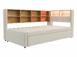 Merax Cama Diván|Sofá cama extraíble tapizado - 90 x 200 cm + 90 x 190 cm - LED y enchufes - con almacenaje - Tejido de franela -