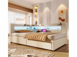 Merax Cama Diván|Sofá cama hidráulico con almacenaje para niños - 90 x 200 cm - con USB + Tipo C + LED + almacenaje - lino -