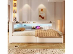 Merax Cama Diván|Sofá cama hidráulico con almacenaje para niños - 90 x 200 cm - con USB + Tipo C + LED + almacenaje - lino -