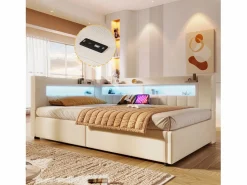 Merax Cama Diván|Sofá cama hidráulico con almacenaje para niños - 90 x 200 cm - con USB + Tipo C + LED + almacenaje - lino -