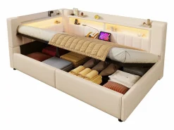 Merax Cama Diván|Sofá cama hidráulico con almacenaje para niños - 90 x 200 cm - con USB + Tipo C + LED + almacenaje - lino -