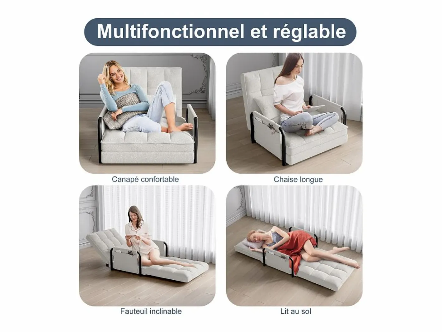Sofá cama individual convertible - Terciopelo - Sillón y respaldo ajustables en 5 posiciones - Beige Sale