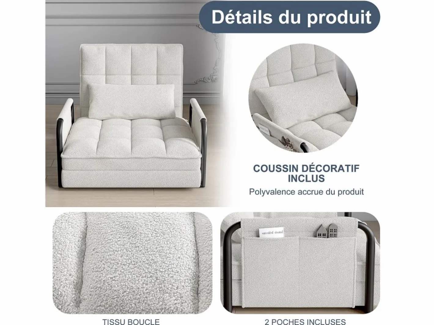 Sofá cama individual convertible - Terciopelo - Sillón y respaldo ajustables en 5 posiciones - Beige Sale