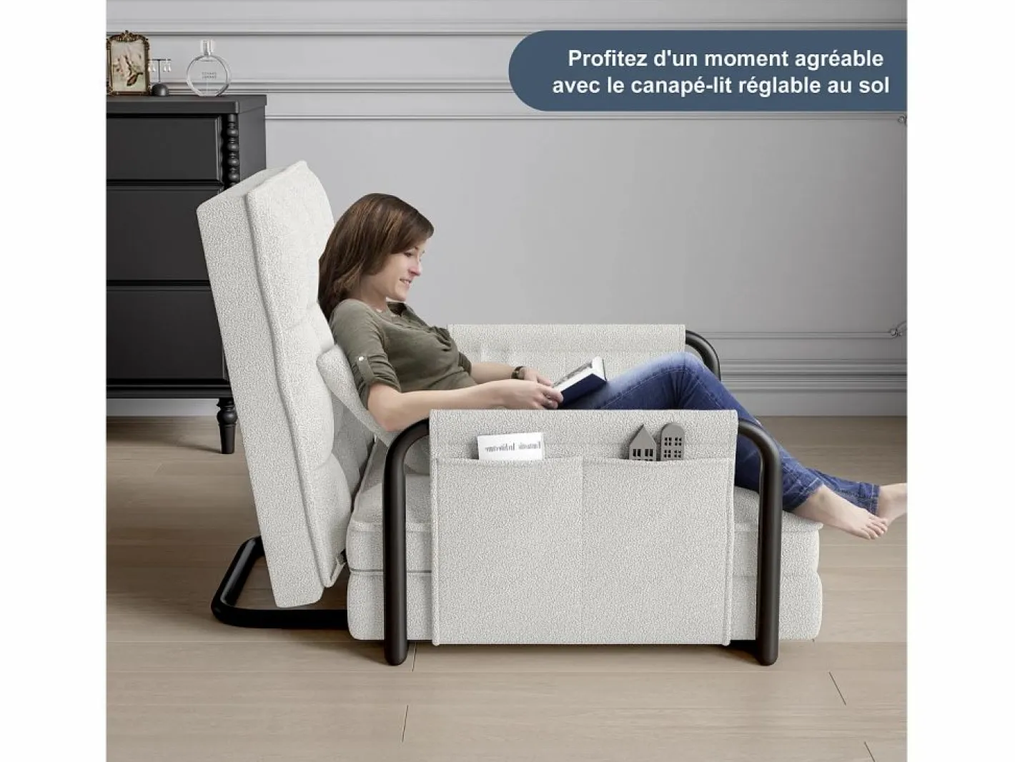 Sofá cama individual convertible - Terciopelo - Sillón y respaldo ajustables en 5 posiciones - Beige Sale