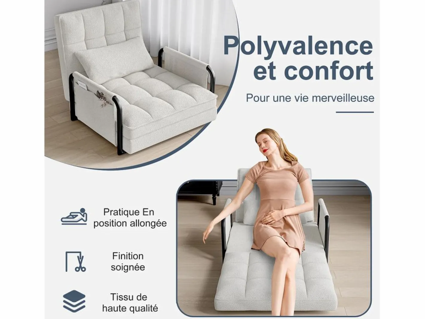 Sofá cama individual convertible - Terciopelo - Sillón y respaldo ajustables en 5 posiciones - Beige Sale