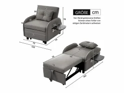 Sofá cama individual extraíble multifuncional: con función de cama, sillón y sillón, sofá cama ajustable en tres posiciones, mesas de té plegables Gris Sale