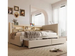 Hauss Spole Cama Diván|Sofá cama individual 90x200 cm con 2 cajones, USB + Tipo C y almacenaje, tejido lino