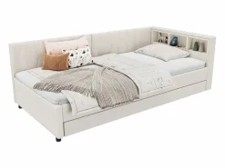 Merax Sofá cama infantil - 90 x 200 cm - espacio de almacenaje sobre la cama - con USB + LED - con cama nido 90 x 190 cm - lino + MDF - Beige Hot