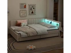 Merax Cama Diván|Sofá cama infantil - 140 x 200 cm - cabecero con almacenaje + LED - 2 cajones - lino -