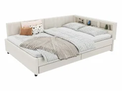 Merax Cama Diván|Sofá cama infantil - 140 x 200 cm - cabecero con almacenaje + LED - 2 cajones - lino -