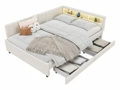 Merax Cama Diván|Sofá cama infantil - 140 x 200 cm - cabecero con almacenaje + LED - 2 cajones - lino -