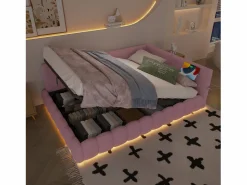 Sofá cama infantil - 140 x 200 cm - con LED + almacenaje hidráulico + USB - terciopelo -^Merax