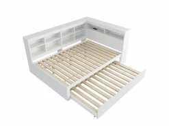 Merax Sofá cama infantil de 140 x 200 cm con cama nido de 90 x 190 cm - con puerto USB y amplio espacio de almacenamiento - madera - Blanco Clearance