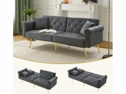 Sofá cama moderno de 2 plazas – 173 x 75 x 70 cm – Respaldo regulable en 3 niveles + patas de metal dorado – Terciopelo –^Merax