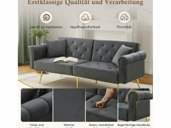 Sofá cama moderno de 2 plazas – 173 x 75 x 70 cm – Respaldo regulable en 3 niveles + patas de metal dorado – Terciopelo –^Merax