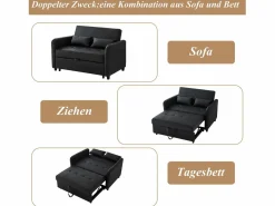 Sofá cama multifuncional, asiento doble retráctil, respaldo regulable en 3 posiciones, PU impermeable, color Negro Outlet