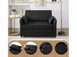 Sofá cama multifuncional, asiento doble retráctil, respaldo regulable en 3 posiciones, PU impermeable, color Negro Outlet