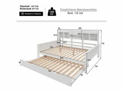 ModernLuxe Sofá cama nido 140x200 cm - Cama nido 90x190 cm - con almacenamiento - somier de láminas - pino macizo - (colchón no incluido) Blanco Hot