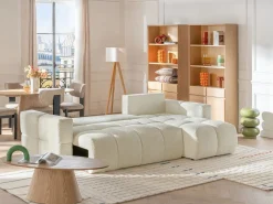 Sofá cama rinconera reversible de tela de felpa crema ISSORO^Vente-unique Online